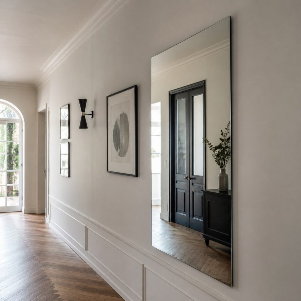 Plusieurs miroirs collés alignés sur un pan de mur d'entrée