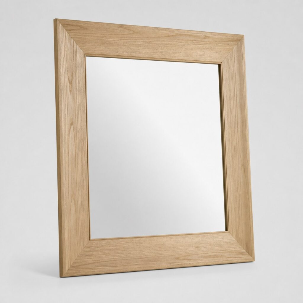 Miroir mural rectangulaire à cadre en bois clair sur fond gris clair