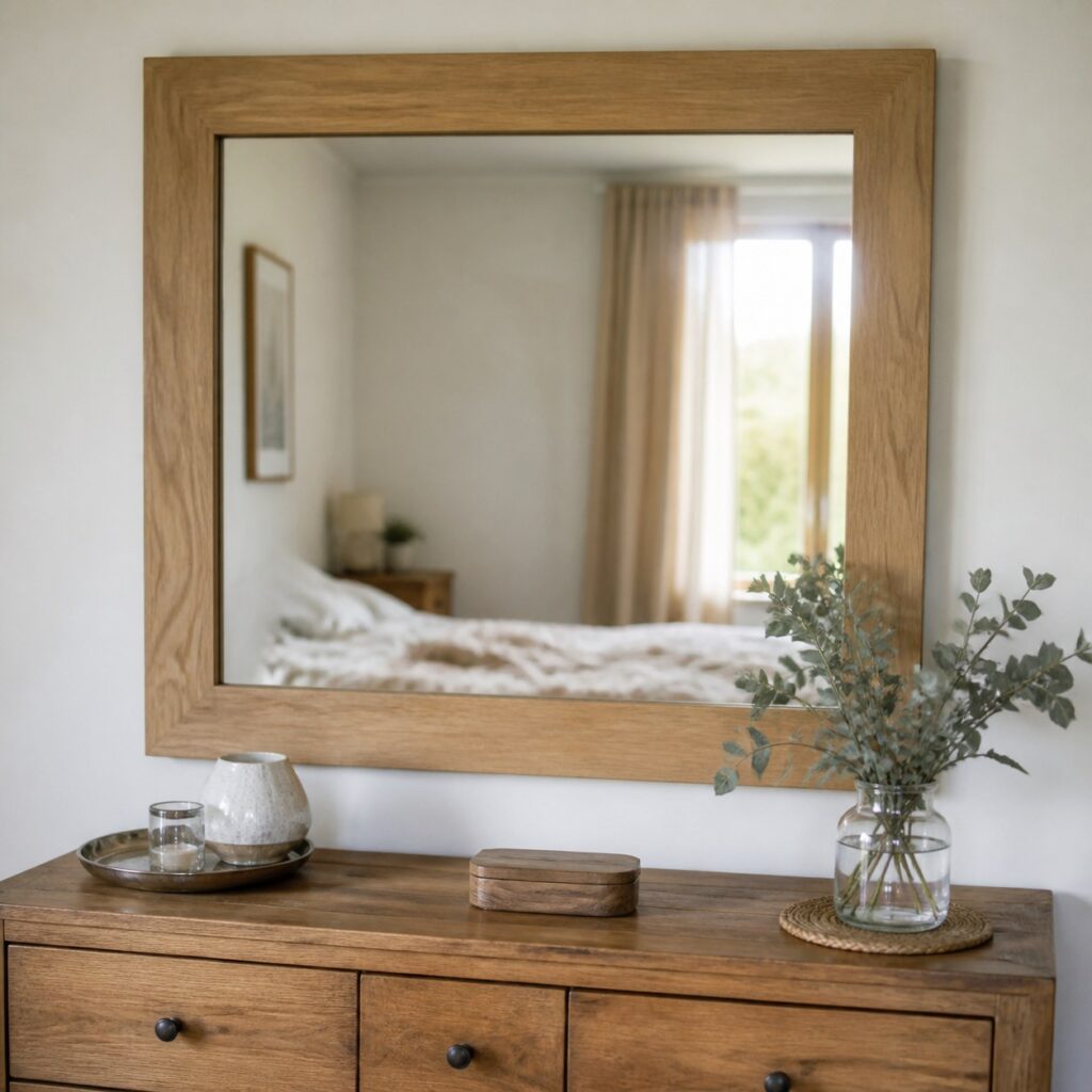 Miroir à cadre bois accroché au-dessus d'une commode dans une chambre
