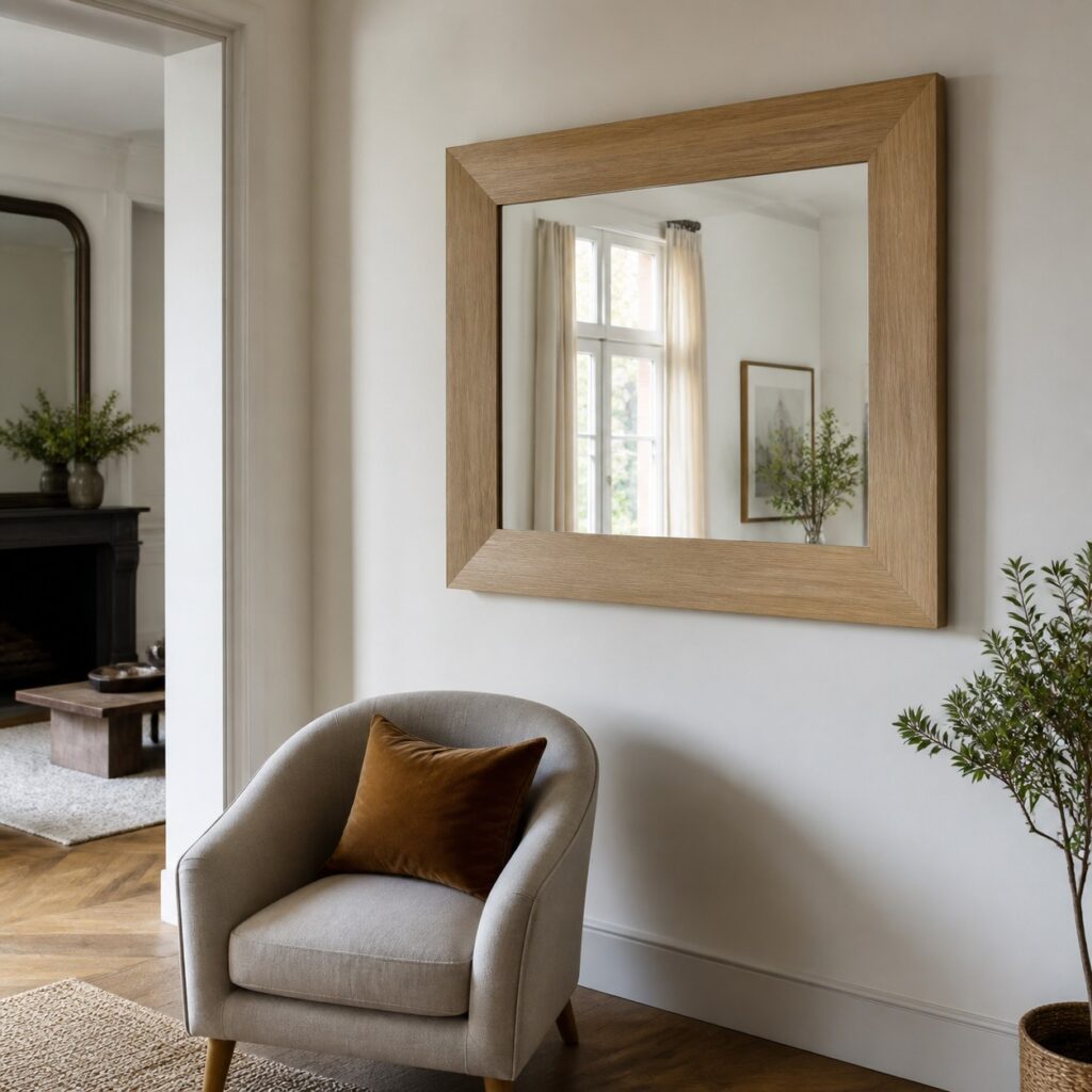 Miroir mural en bois vu de trois quarts au-dessus d'un fauteuil de séjour