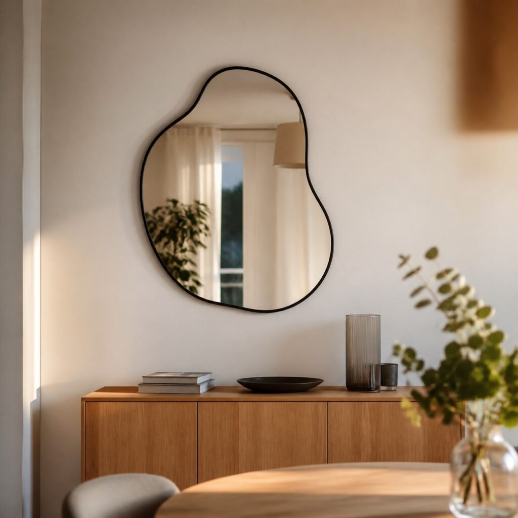 Miroir design accroché au-dessus d'un buffet en chêne dans une salle à manger