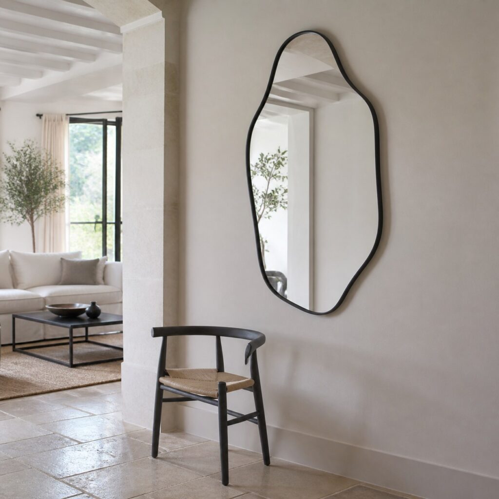 Miroir mural design vu de trois quarts dans un salon avec une chaise
