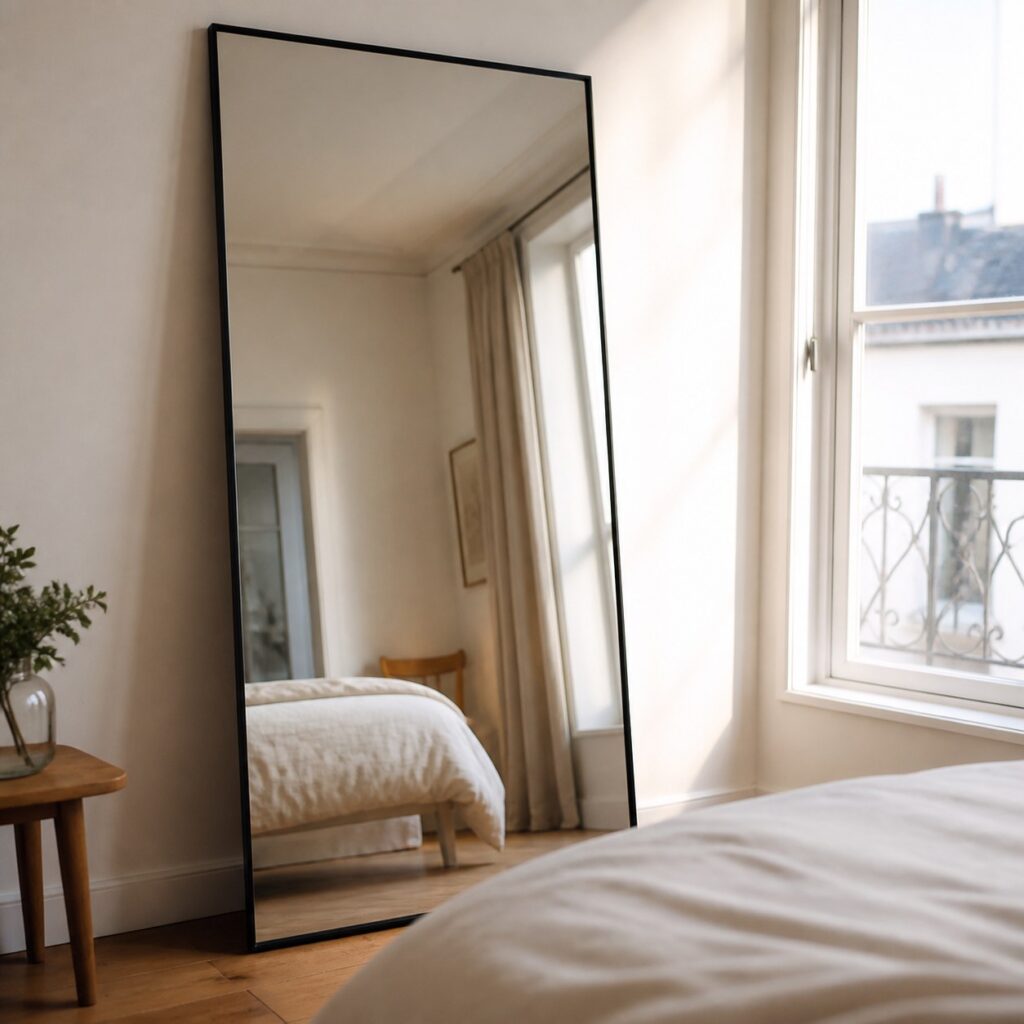 Grand miroir posé contre un mur de chambre à côté d'une fenêtre