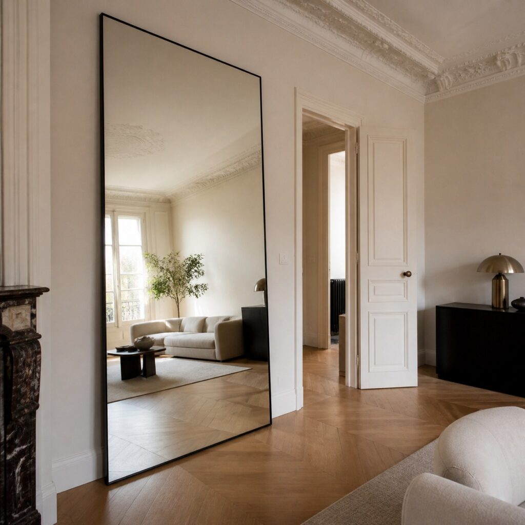 Très grand miroir mural vu en grand angle à côté d'une porte de séjour