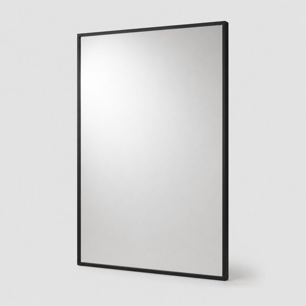 Miroir mural rectangulaire à cadre noir fin sur fond gris clair