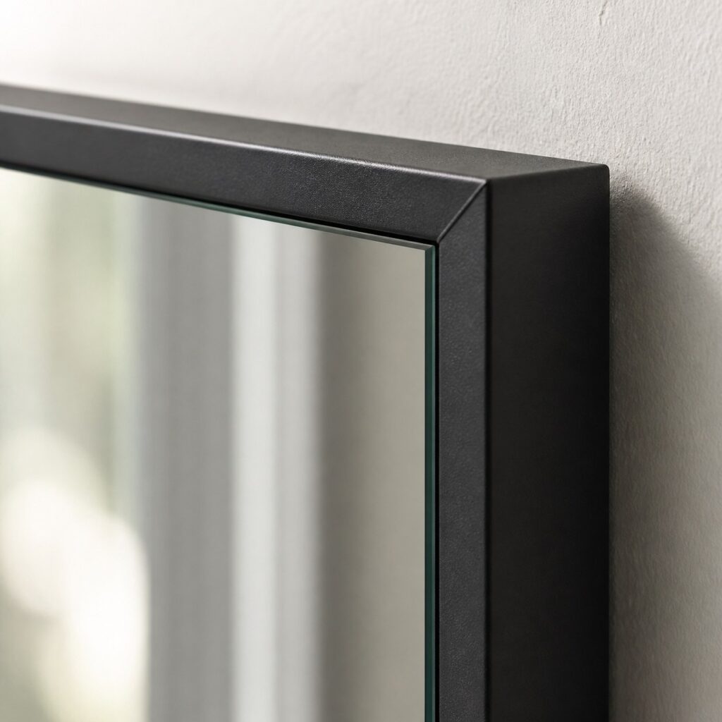 Gros plan sur l'angle du cadre noir et le bord du verre