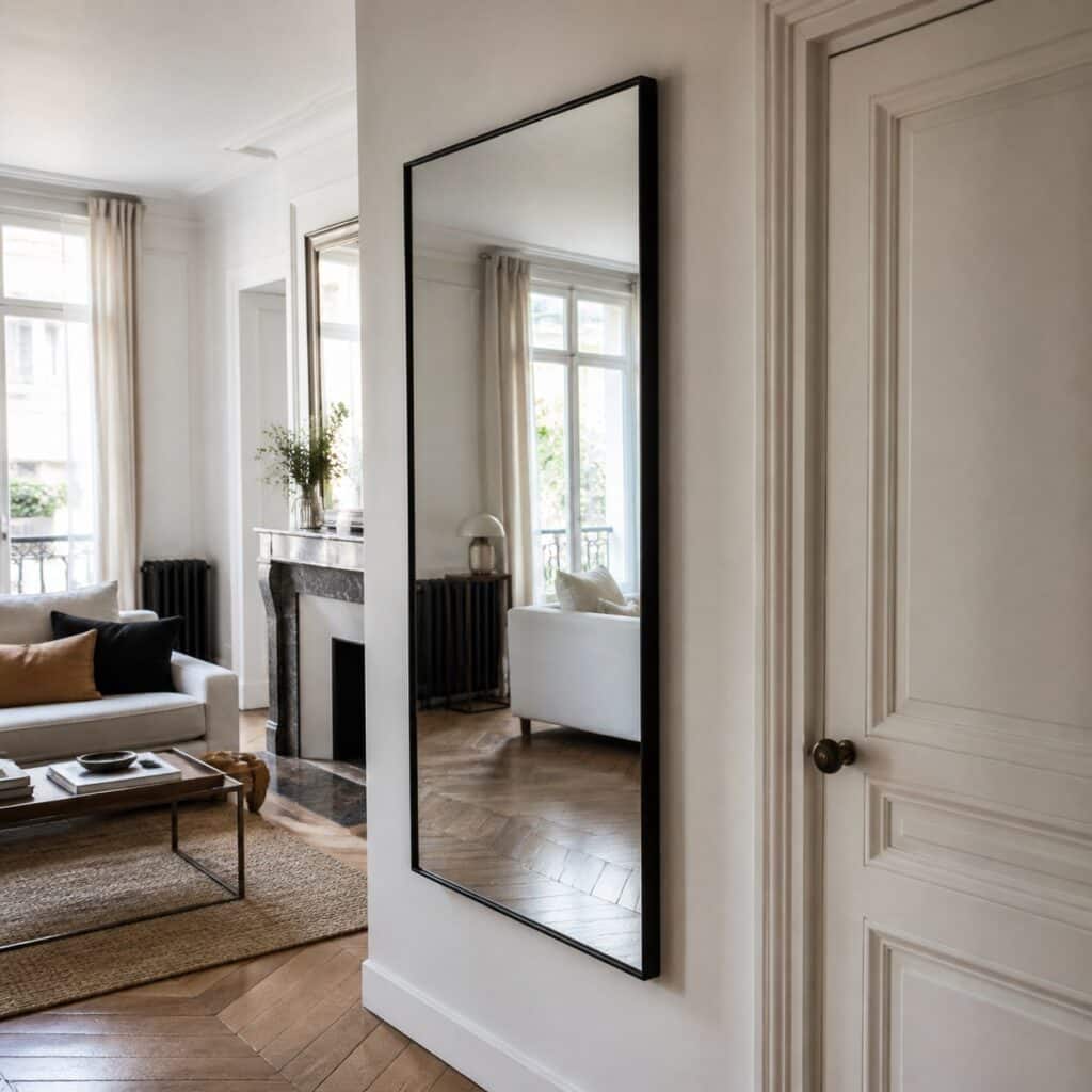 Miroir mural rectangulaire vu de biais à côté d'une porte de séjour