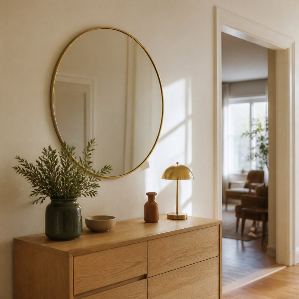 Miroir rond accroché au-dessus d'une commode claire dans un couloir