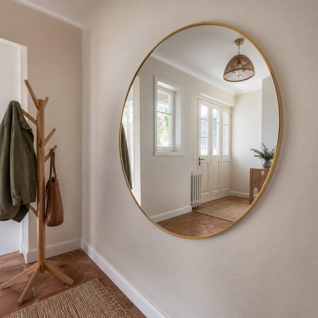 Miroir mural rond vu de biais dans une entrée à côté d'un porte-manteau