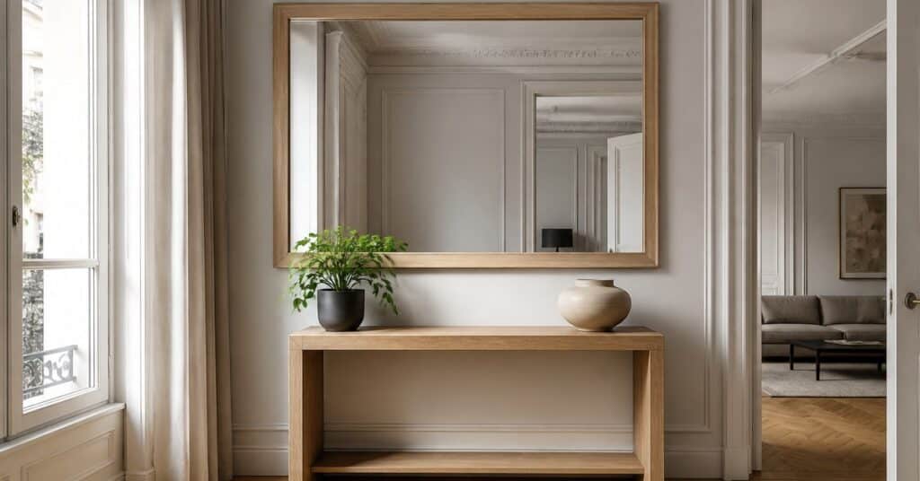 Miroir mural rectangulaire à cadre en bois clair accroché au-dessus d'une console en chêne dans une entrée lumineuse