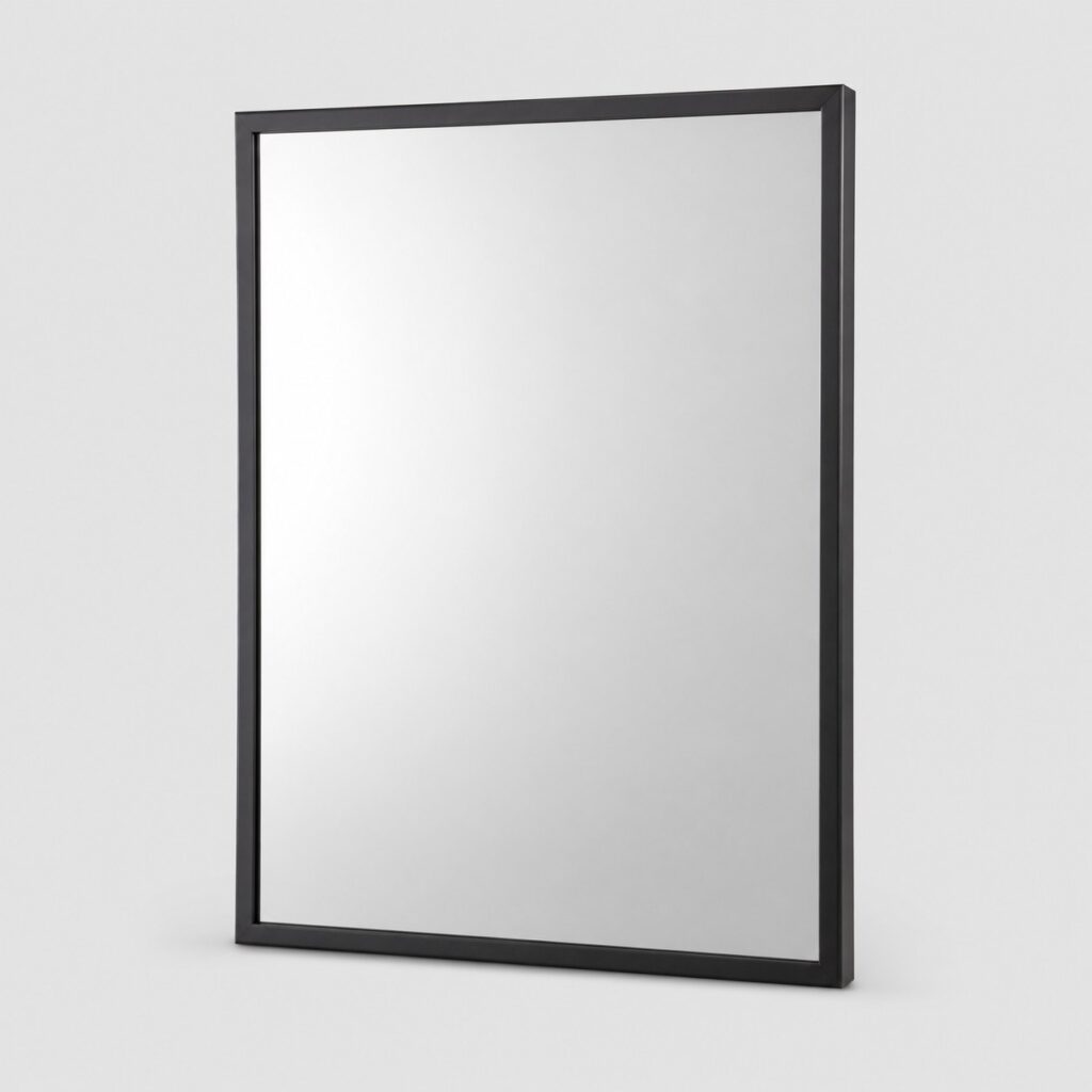 Miroir rectangulaire de salle de bain à cadre en métal noir mat sur fond gris clair