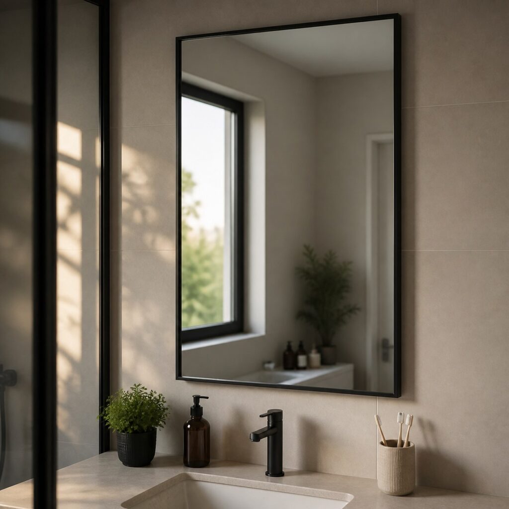Miroir rectangulaire noir posé à la verticale au-dessus d'un plan de toilette en pierre claire