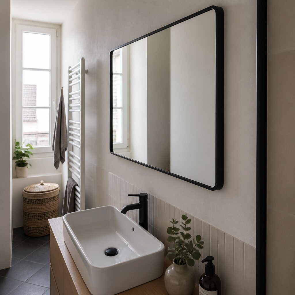 Miroir rectangulaire noir vu de trois quarts dans une salle de bain étroite