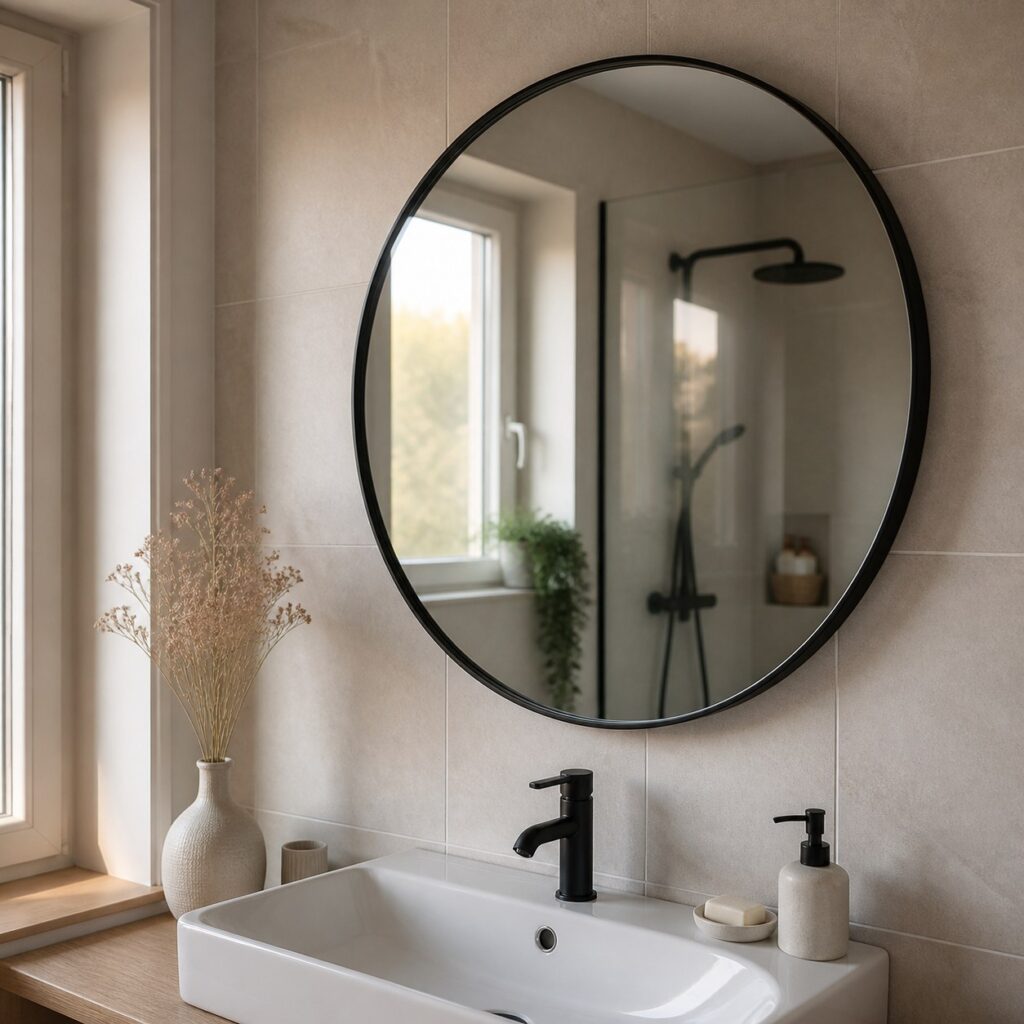 Miroir rond noir fixé au-dessus d'une vasque blanche dans une salle d'eau carrelée
