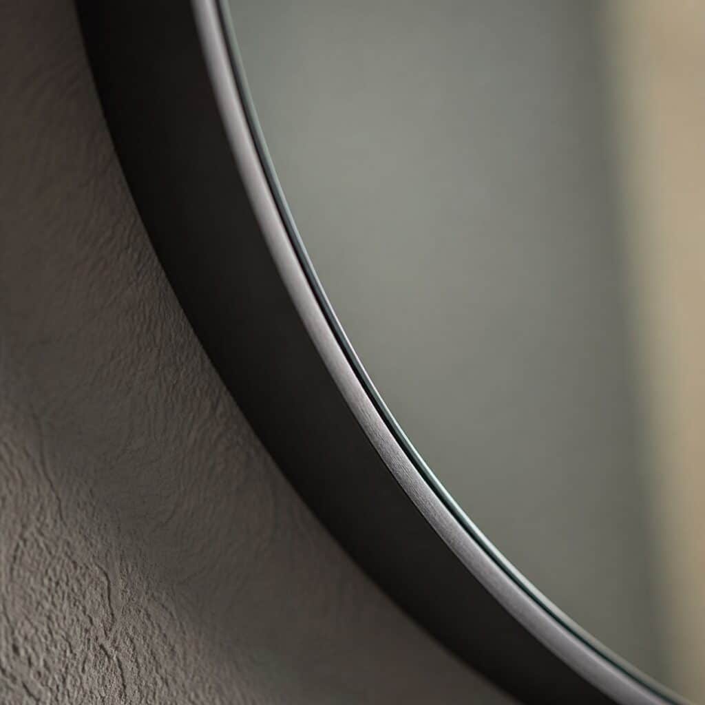 Gros plan sur le cadre en aluminium noir et le bord de la glace d'un miroir rond