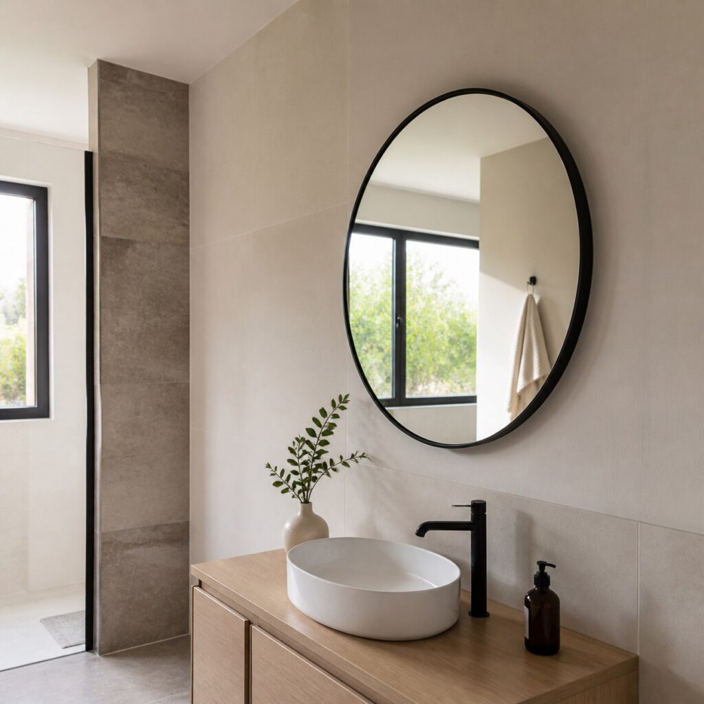 Miroir rond noir vu de biais au-dessus d'un meuble sous vasque en bois clair
