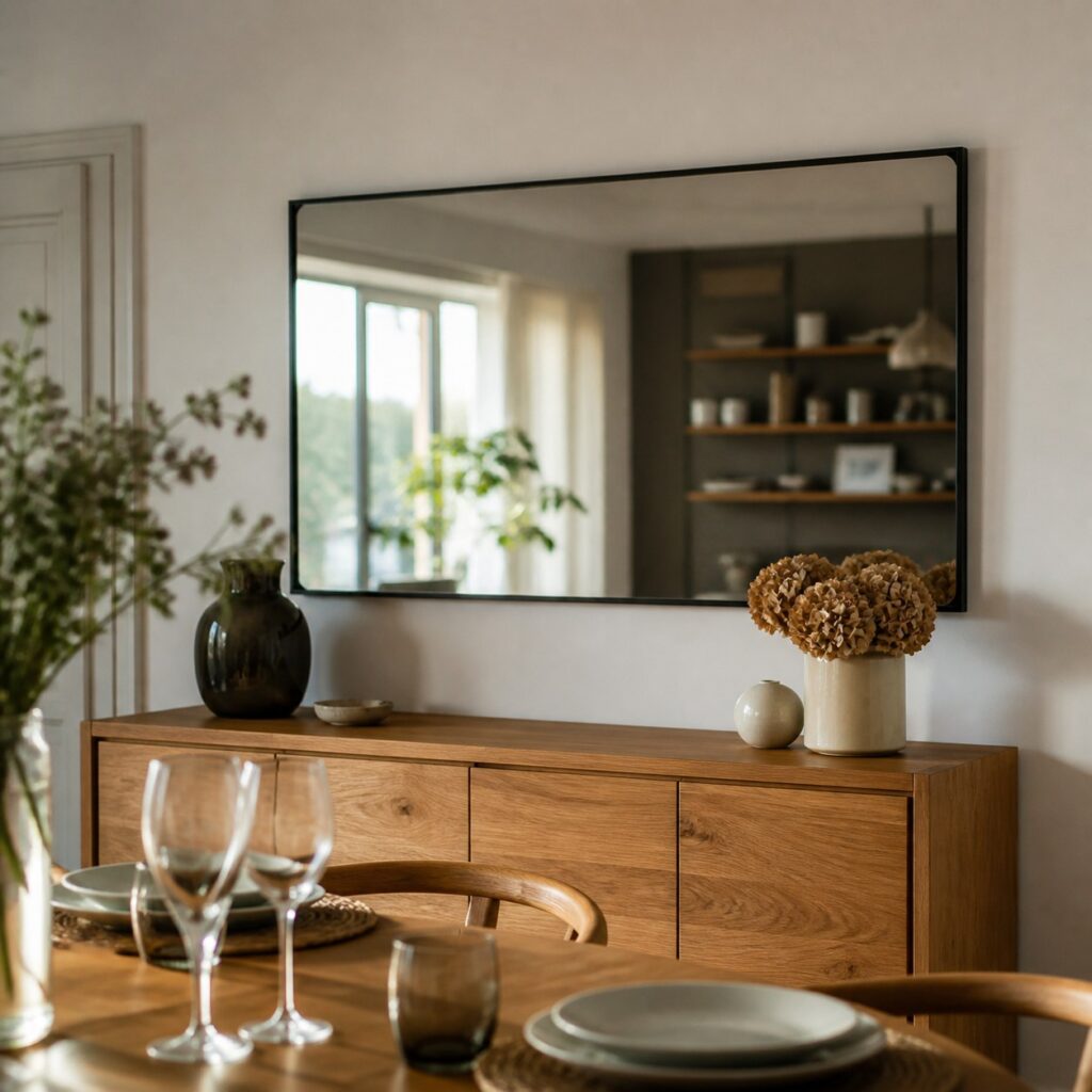 Miroir mural noir accroché au-dessus d'un buffet en bois dans une salle à manger claire