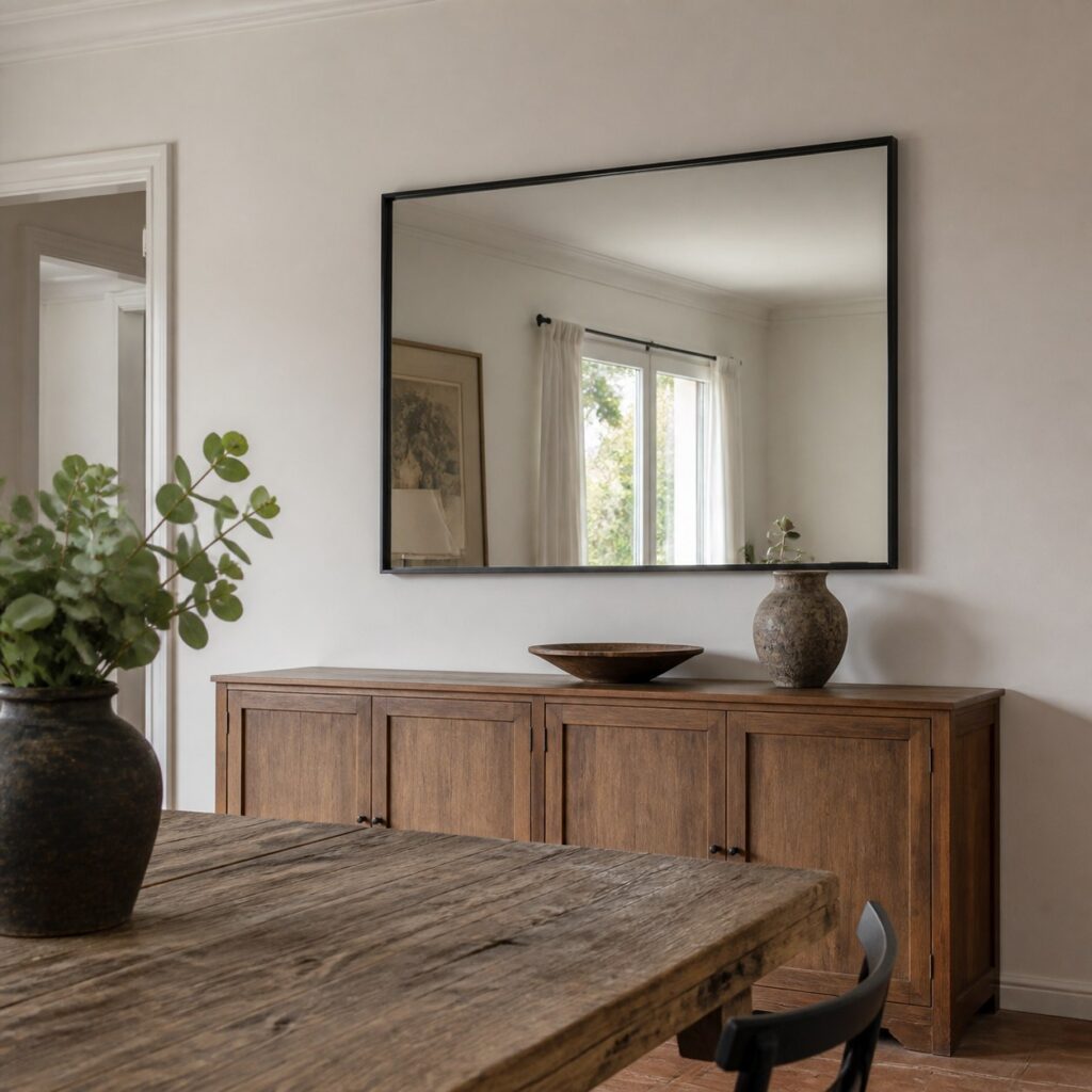 Miroir mural noir vu depuis la table avec un buffet et un vase en dessous