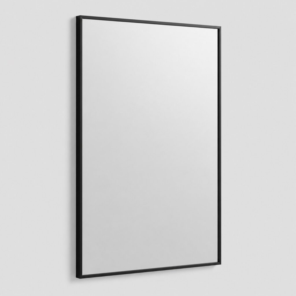 Grand miroir mural rectangulaire à cadre noir mat sur fond gris clair