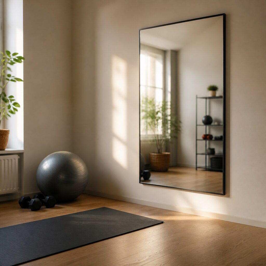 Grand miroir rectangulaire noir fixé au mur d'un coin sport à domicile