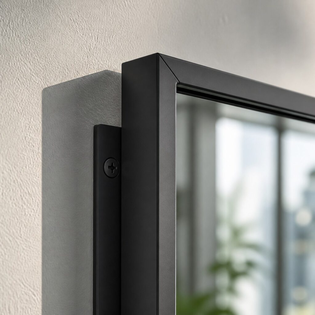 Gros plan sur l'angle du cadre en aluminium et la platine de fixation