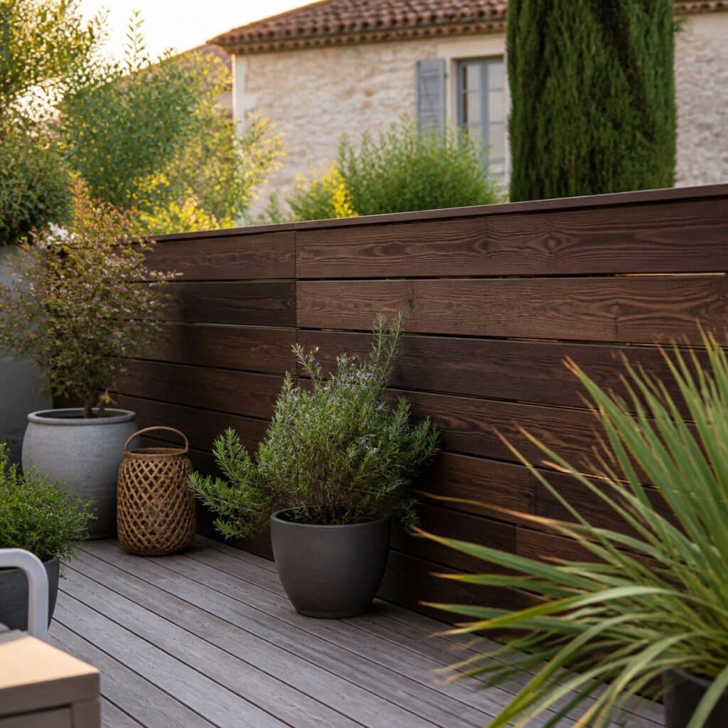Palissade en bois exotique en limite d'une terrasse, à côté de plantes en pot