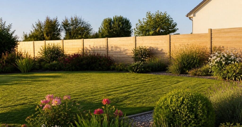 Palissade en bois clair délimitant un jardin de maison individuelle, vue d'ensemble en lumière naturelle