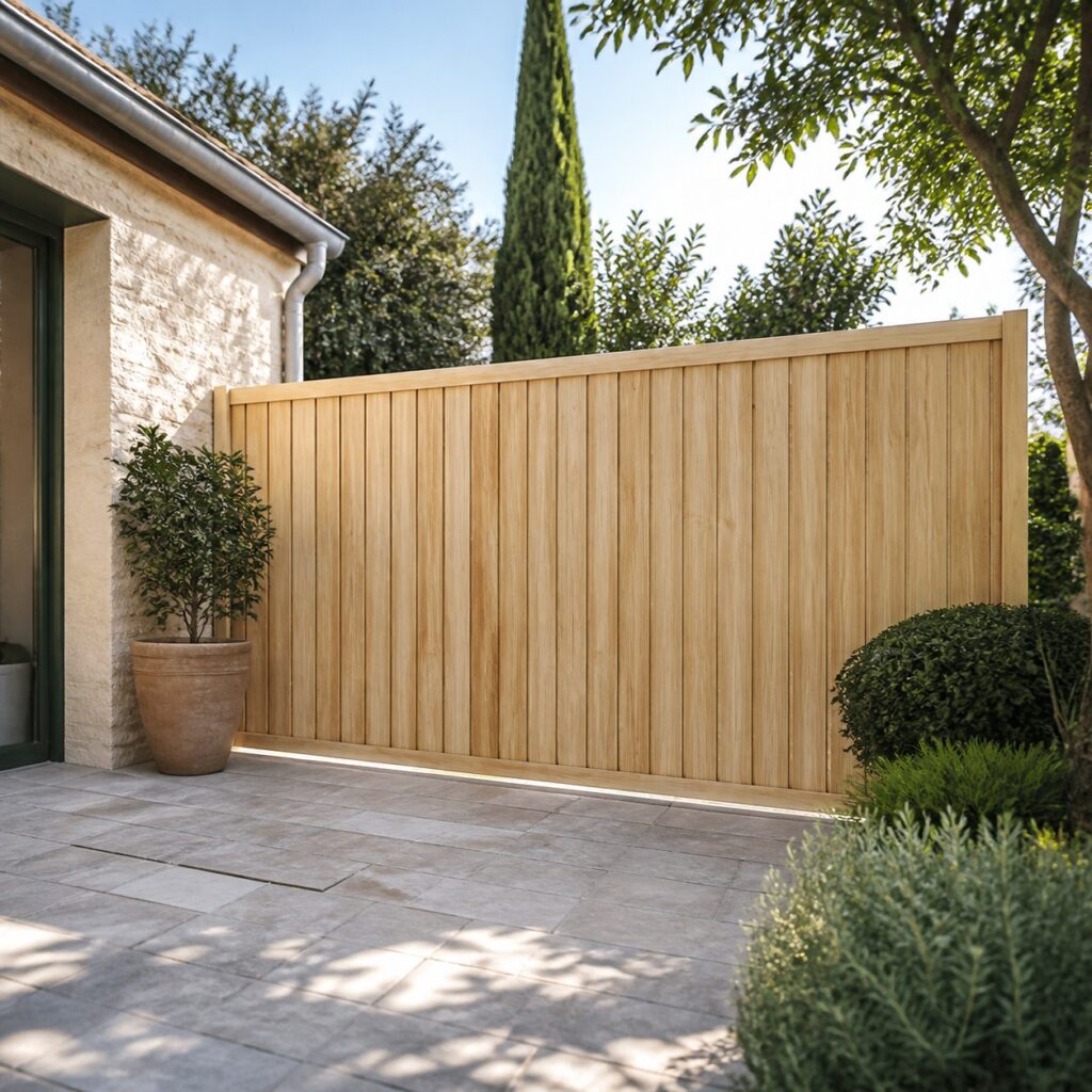 Palissade en bois vue depuis l'allée, fermant le fond d'une terrasse