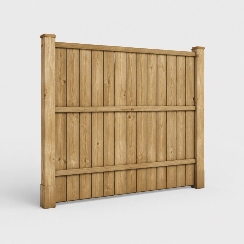 Ensemble de palissade en bois avec poteaux et traverses, présenté sur fond gris clair