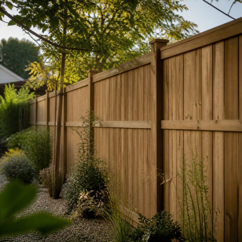 Palissade en bois montée sur plusieurs mètres le long d'un jardin