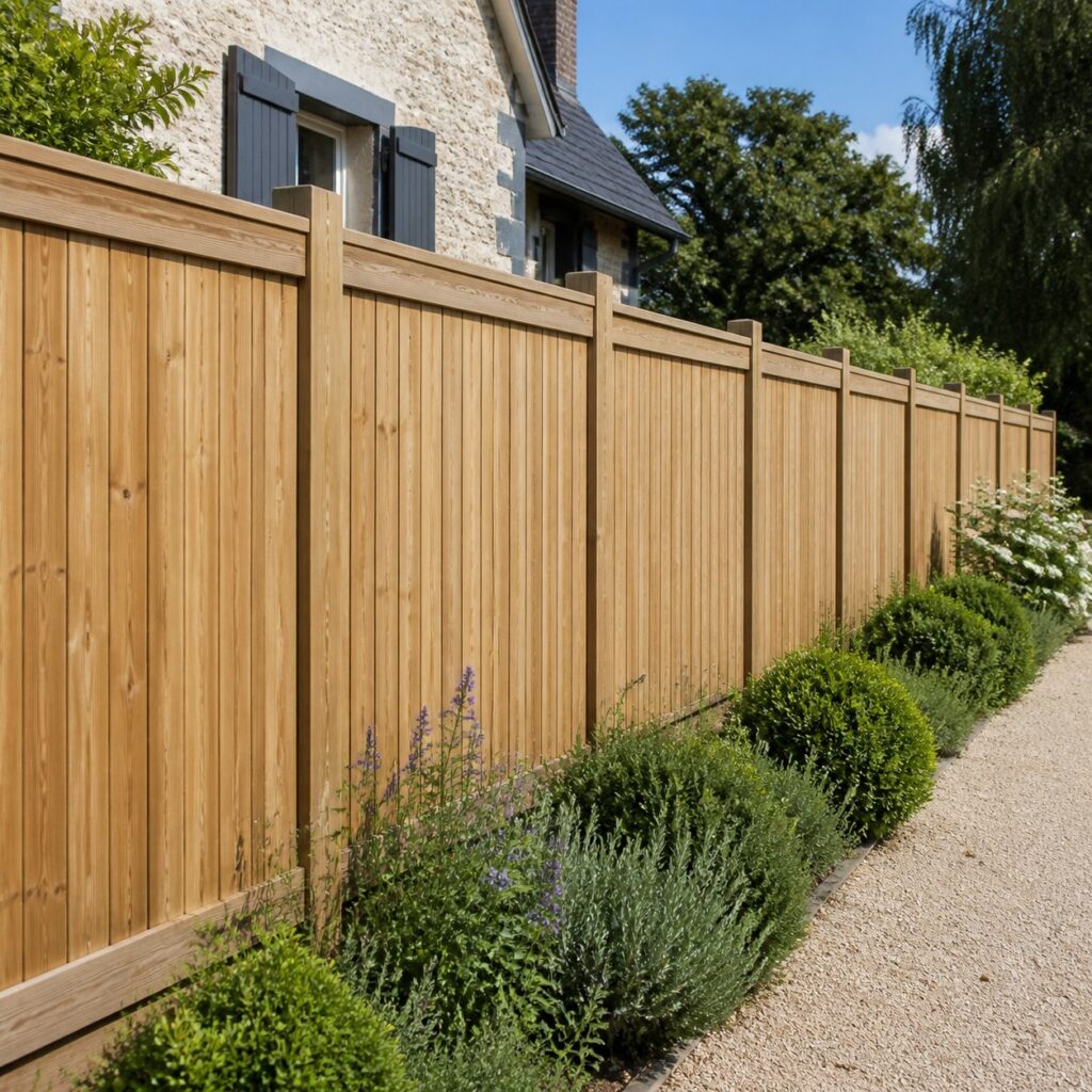 Palissade en bois vue en enfilade avec plusieurs panneaux alignés