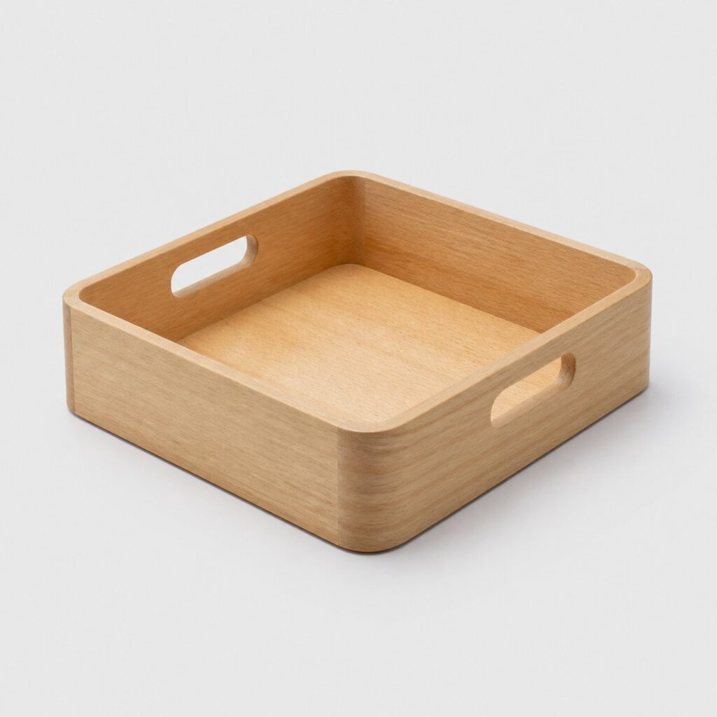 Petite caisse de rangement en bois clair à parois basses sur fond neutre