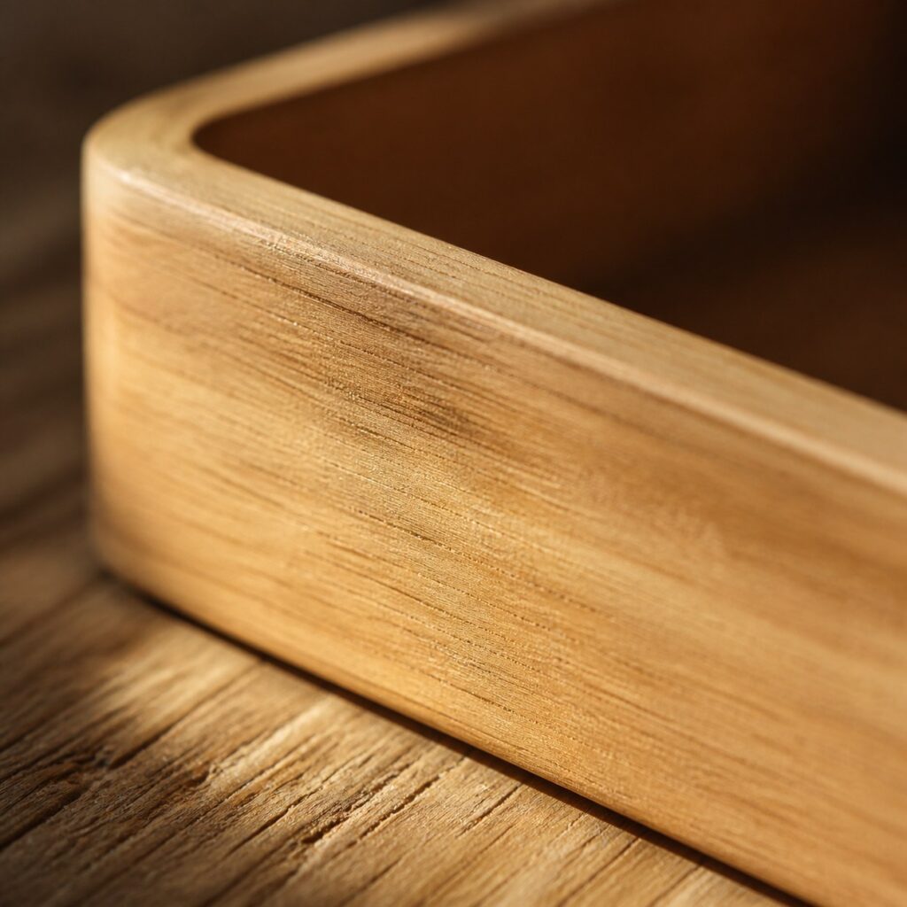 Gros plan sur le bord arrondi et le grain du bois d'une petite caisse