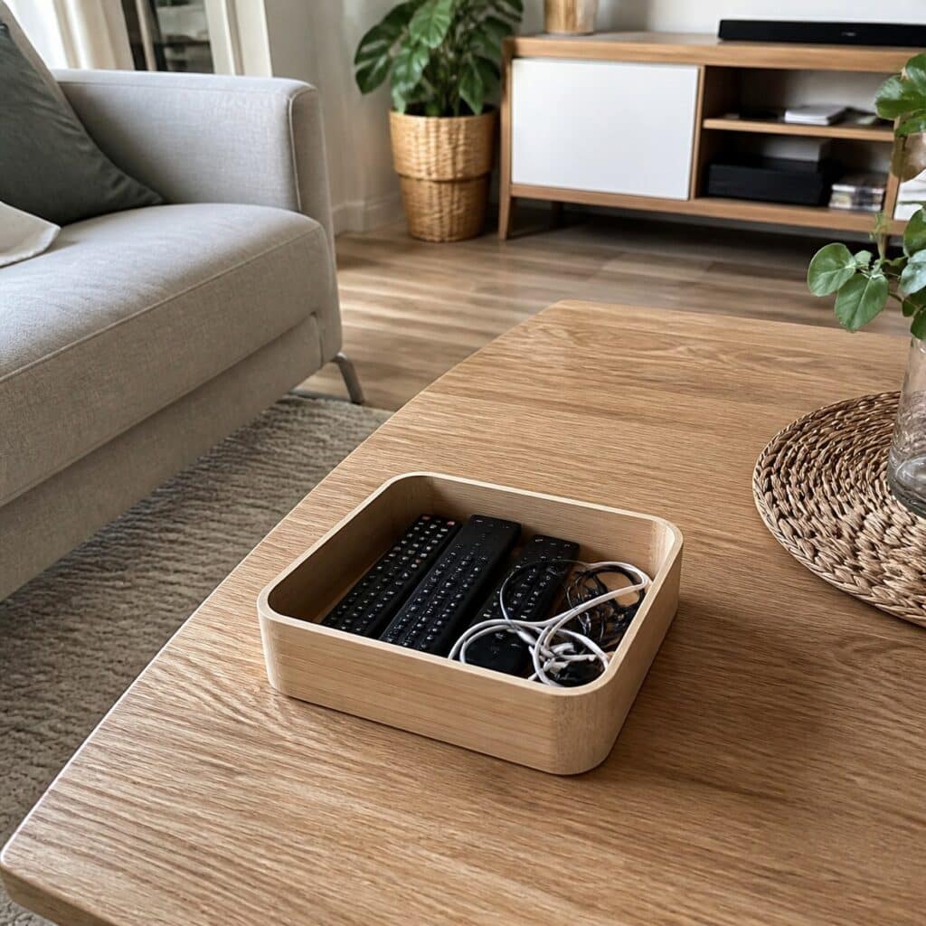 Petite caisse en bois sur une table basse contenant télécommandes et câbles
