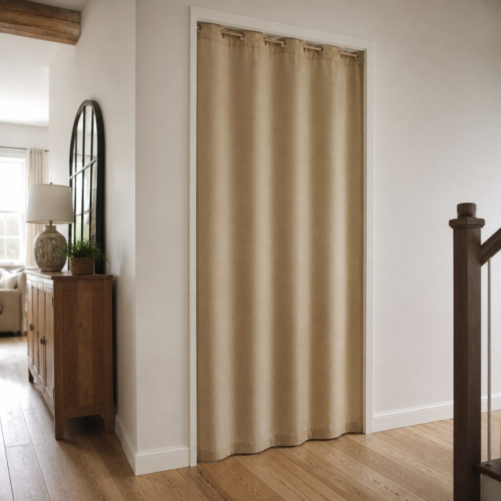 Rideau de porte beige vu du couloir, couvrant l'ouverture du linteau au sol