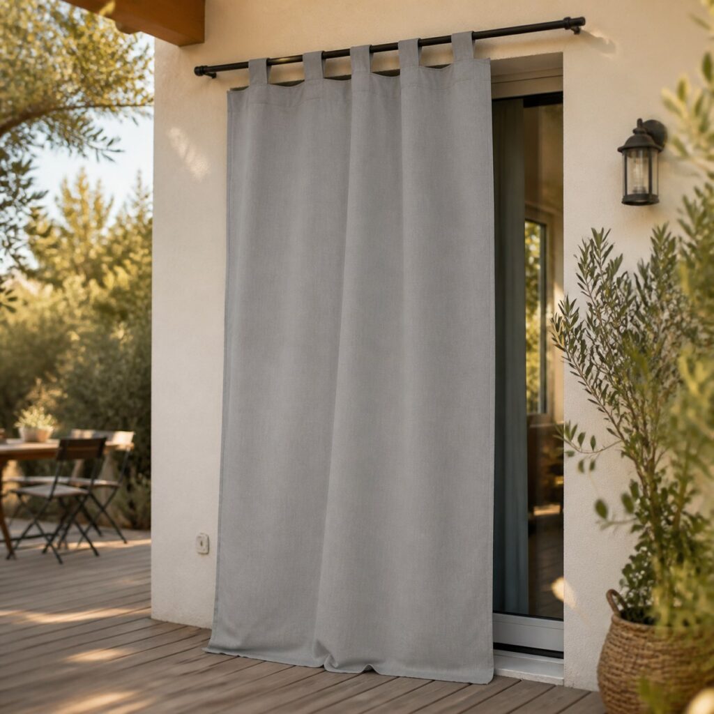 Rideau extérieur gris clair devant une porte-fenêtre de terrasse en bois