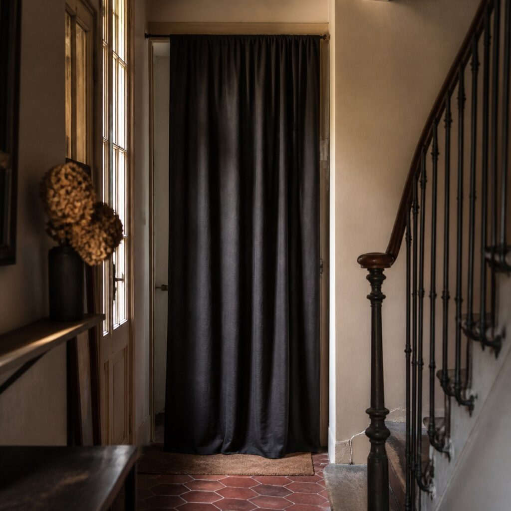 Rideau anthracite installé devant une porte d'entrée dans un couloir ancien