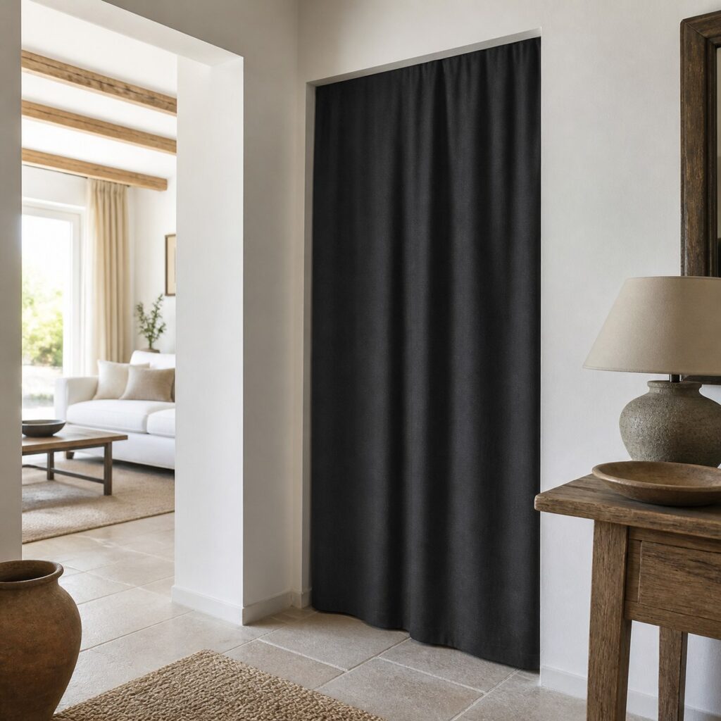 Rideau anthracite vu de trois quarts, bas effleurant le carrelage de l'entrée