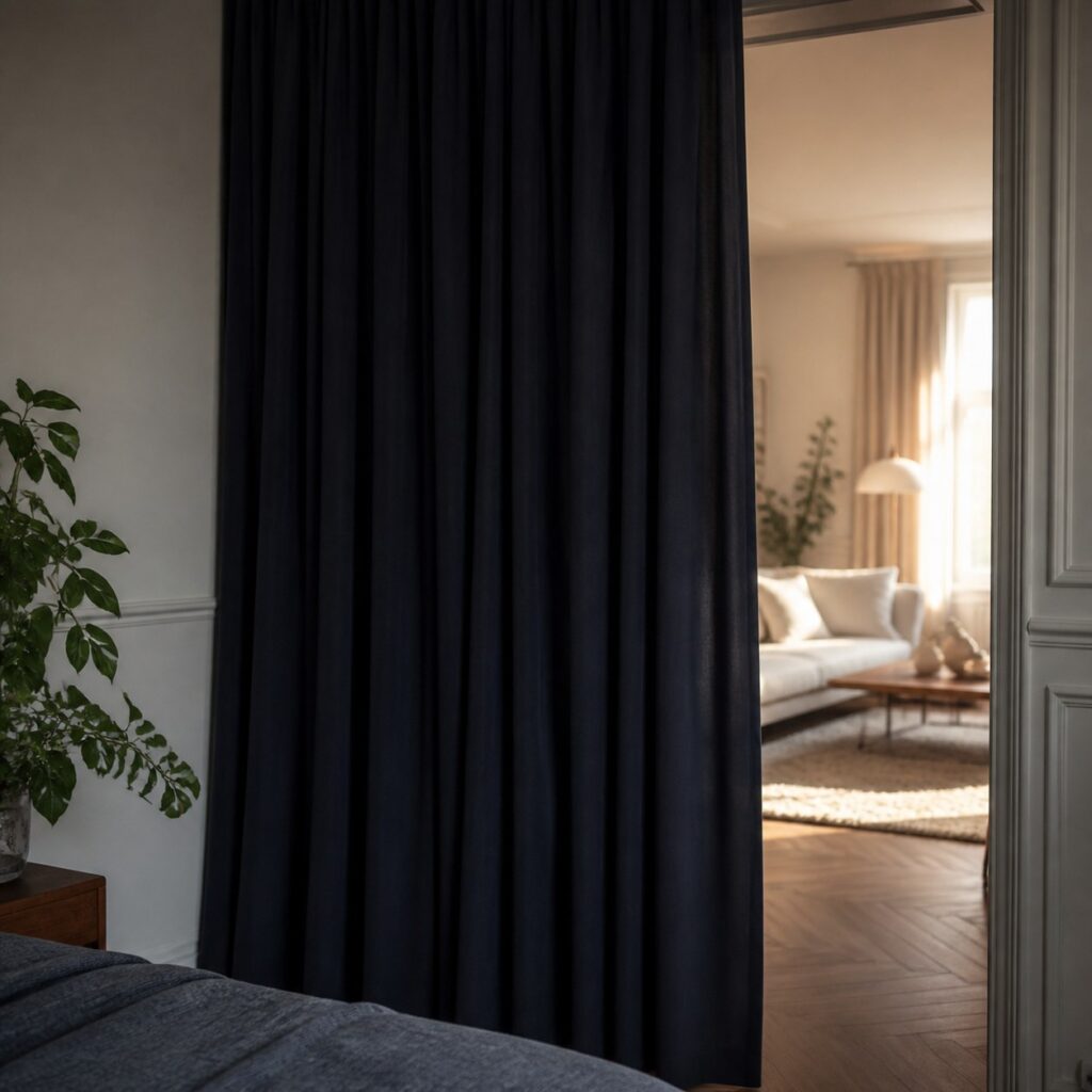 Rideau bleu nuit suspendu devant la porte d'une chambre donnant sur un séjour