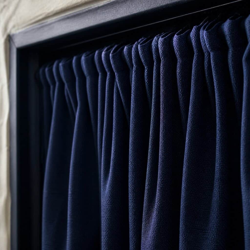 Gros plan sur les fronces serrées et le tombé d'un rideau bleu nuit