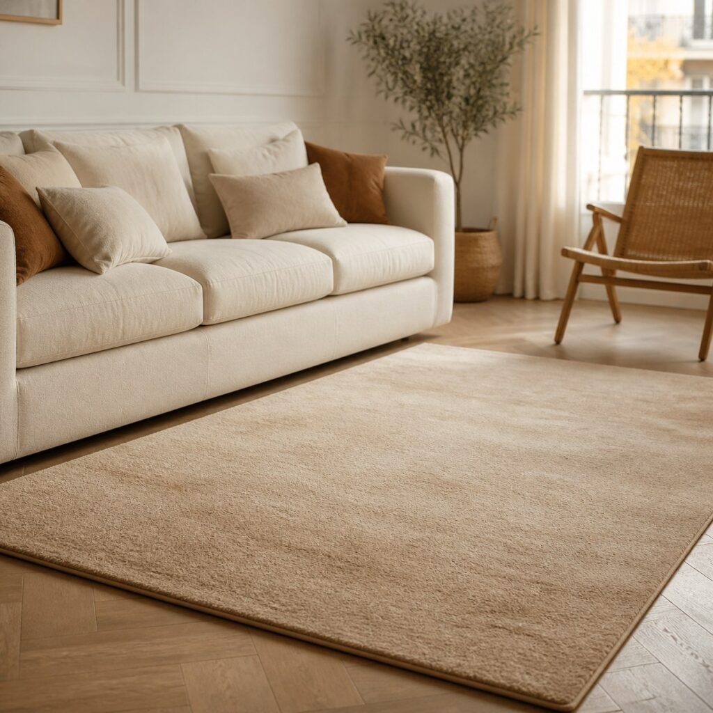 Tapis beige posé devant un canapé écru dans un séjour aux murs blancs