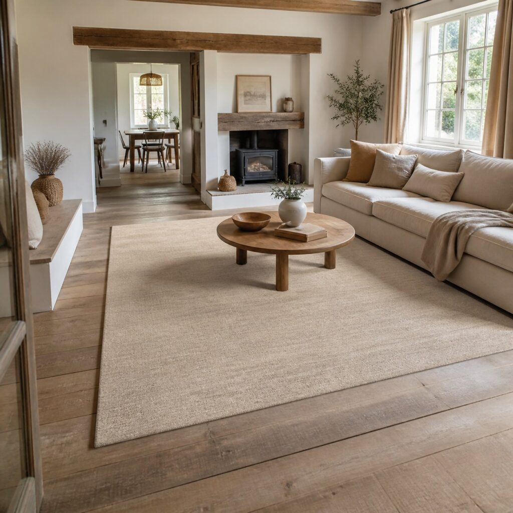 Tapis beige vu de l'entrée, table basse ronde en bois posée au centre