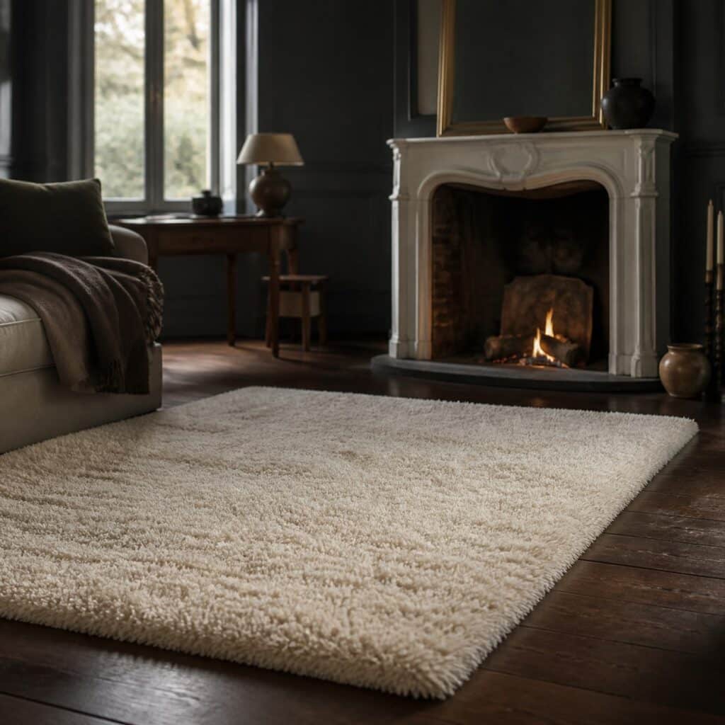 Tapis blanc posé sur un parquet foncé devant une cheminée