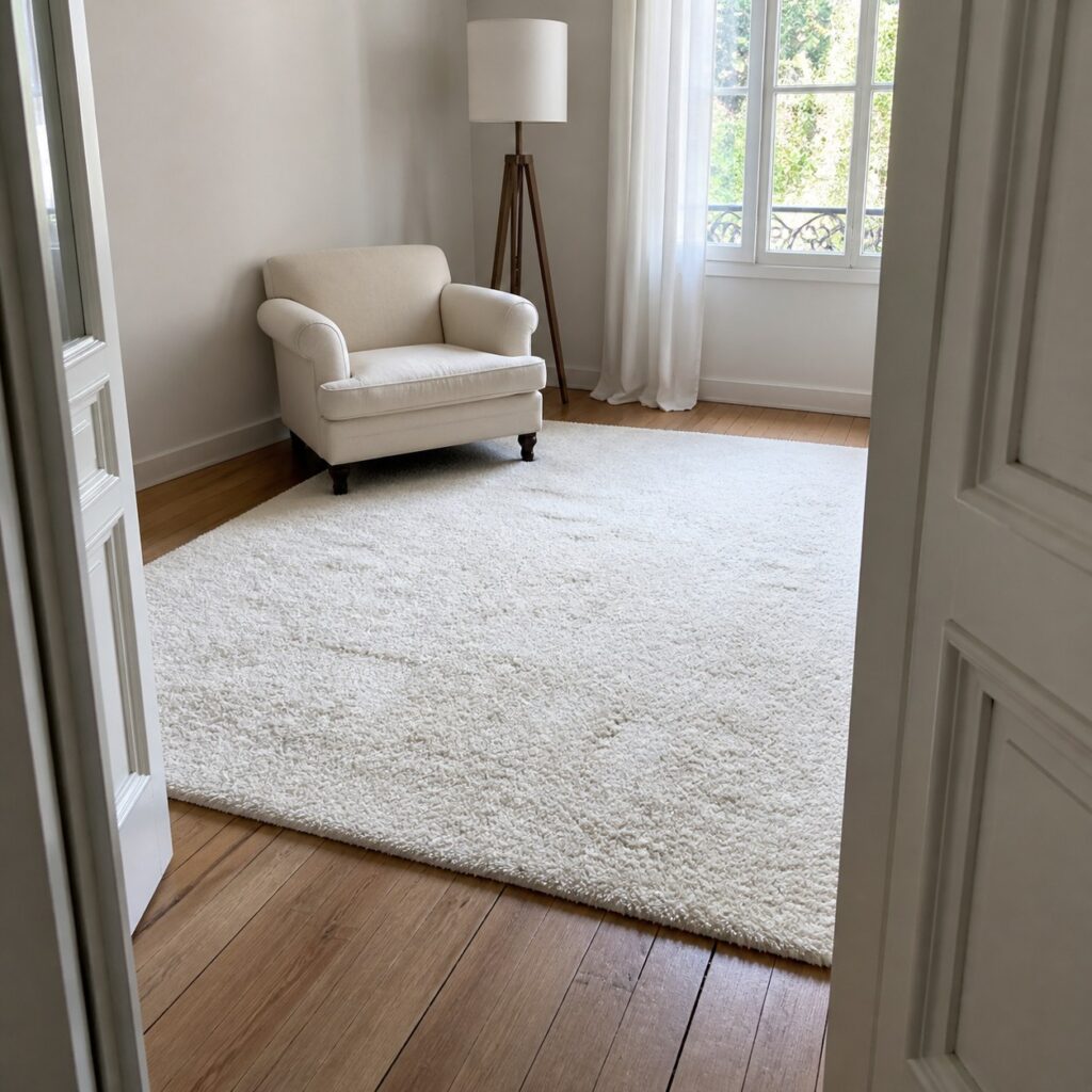 Tapis blanc vu depuis le seuil d'une petite pièce, fauteuil et lampadaire à côté