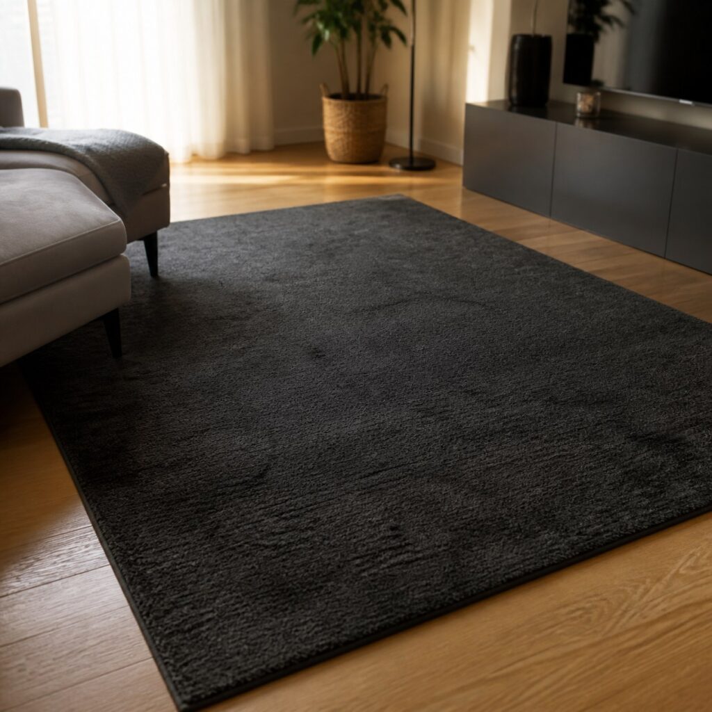 Tapis gris anthracite posé sur un parquet clair dans un séjour contemporain