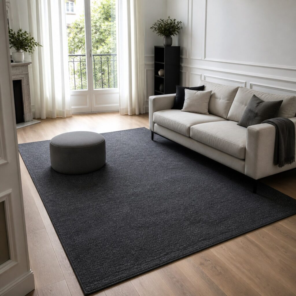 Tapis gris vu de trois quarts depuis la porte, canapé droit et pouf posés dessus