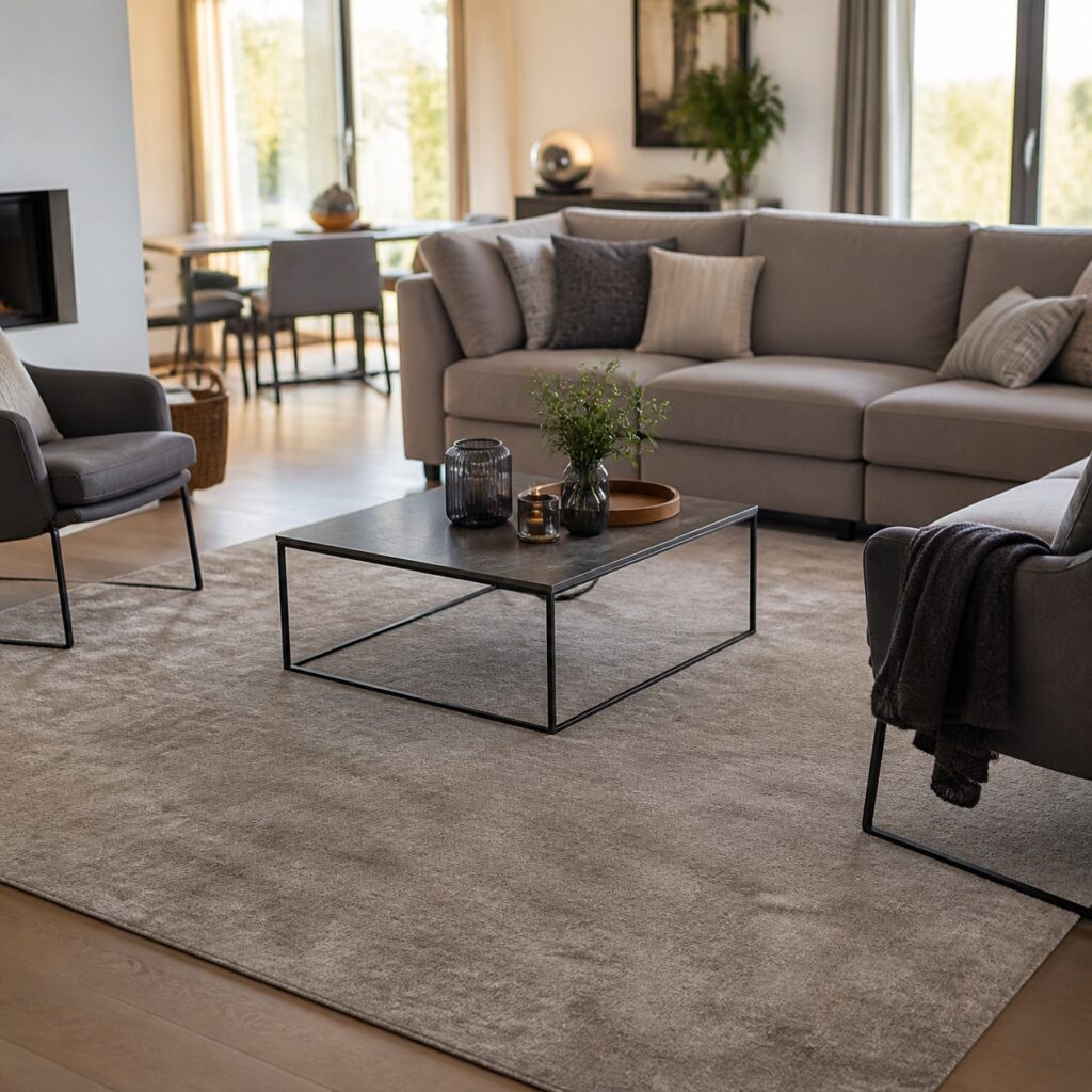 Grand tapis gris taupe déroulé dans un séjour lumineux avec canapé d'angle
