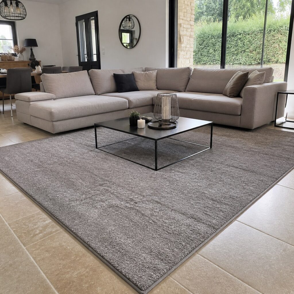 Grand tapis gris taupe vu en grand angle, canapé d'angle et table basse dessus