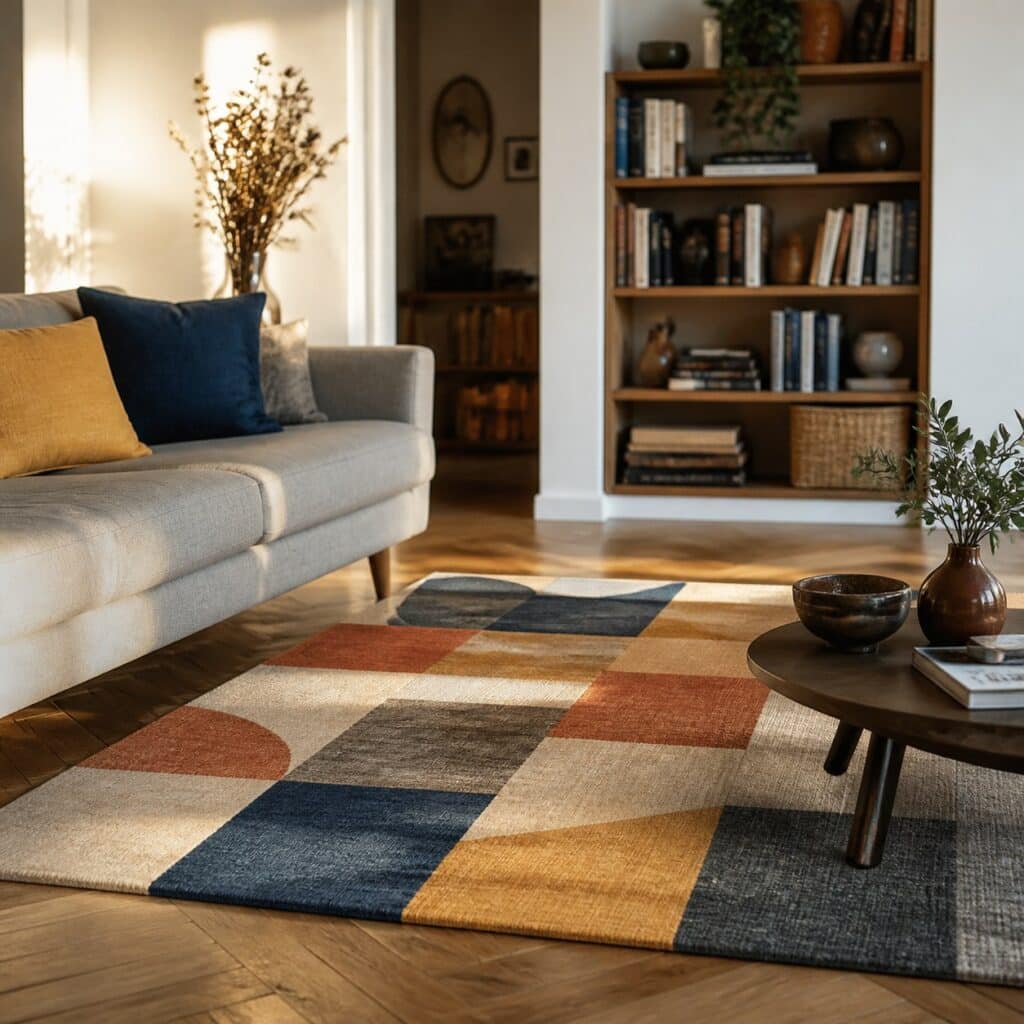 Tapis coloré posé devant un canapé gris clair dans un séjour aux murs blancs
