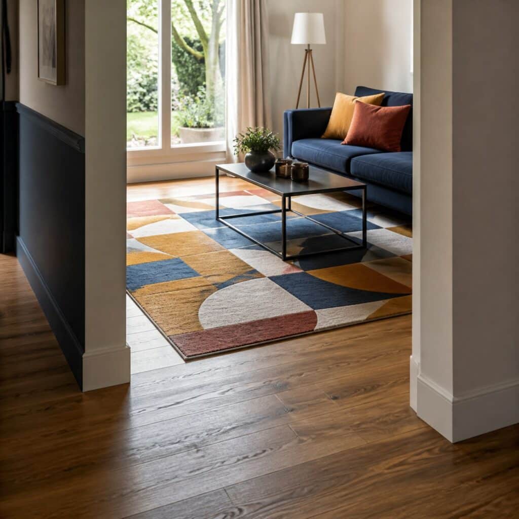 Tapis coloré vu de biais depuis un couloir, table basse en métal noir dessus